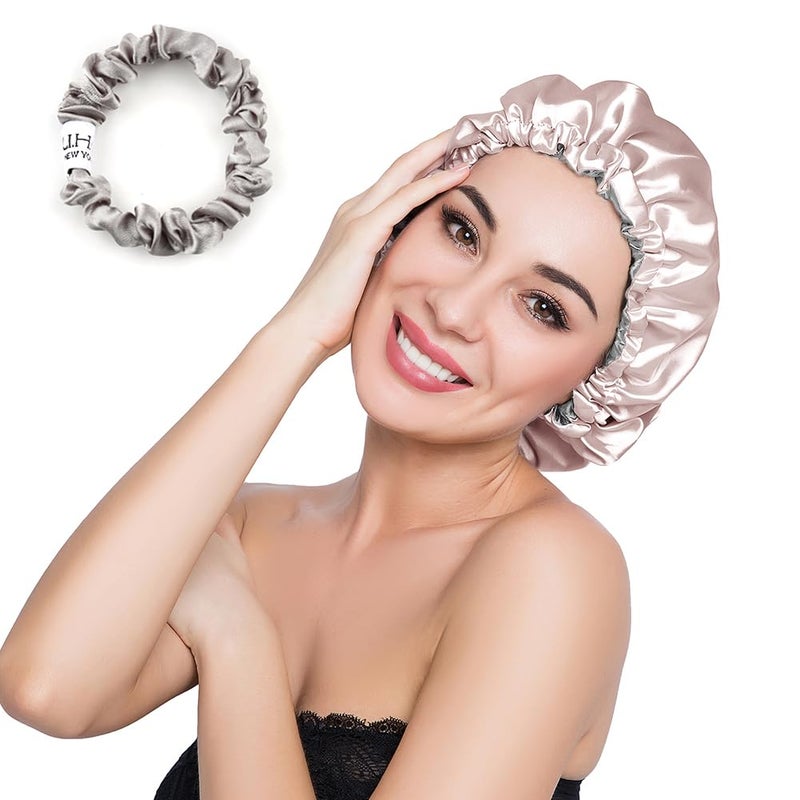 ELIHAIR قبعة النوم الساتانية القابلة للتعديل من ELIHAIR بونيت بقماش حريري مزدوج الطبقة باللون الشمبانيا/الرمادي - Image 1